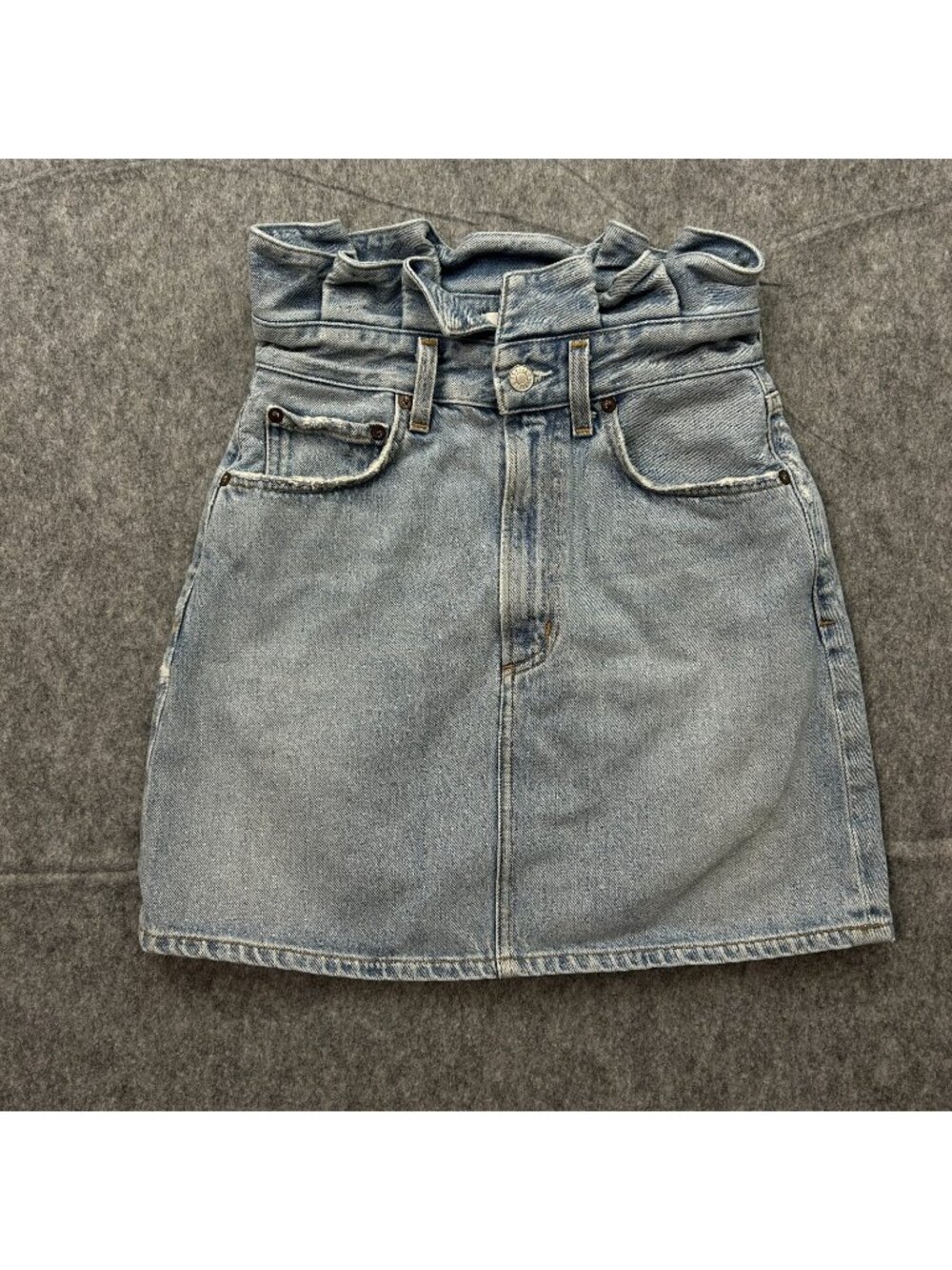 Agolde Lettuce Waistband Mini Skirt Women's Size 24 Medium Wash Denim - Picture 1 of 8